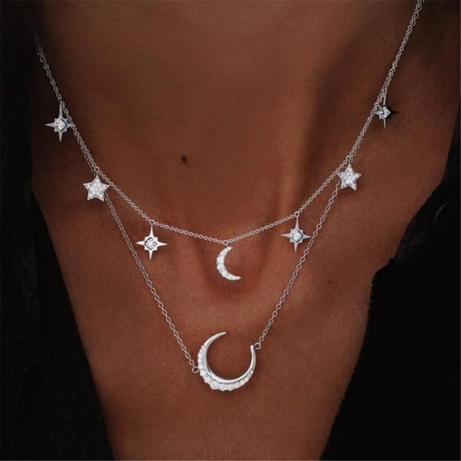 Fashion Diamond Crystal Moon And Star Multilayer Necklace