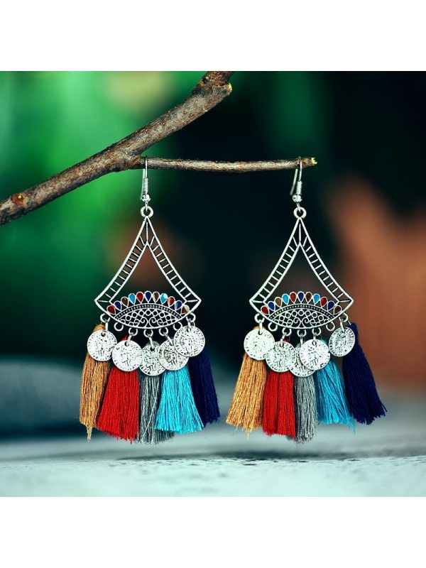 

Personality stitching coin fan-shaped tassel earrings