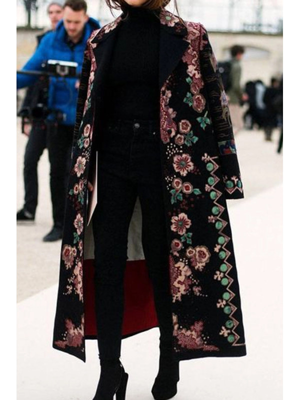 

Chic Lapel Collar Pink Flower Printed Long Coat