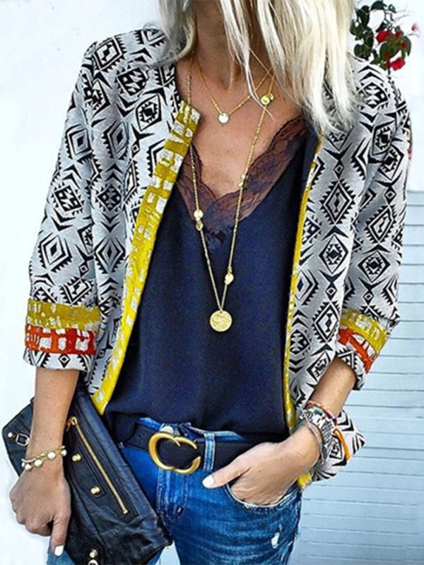 

Casual Printed Bracelet Sleeve Contrast Color Cardigan