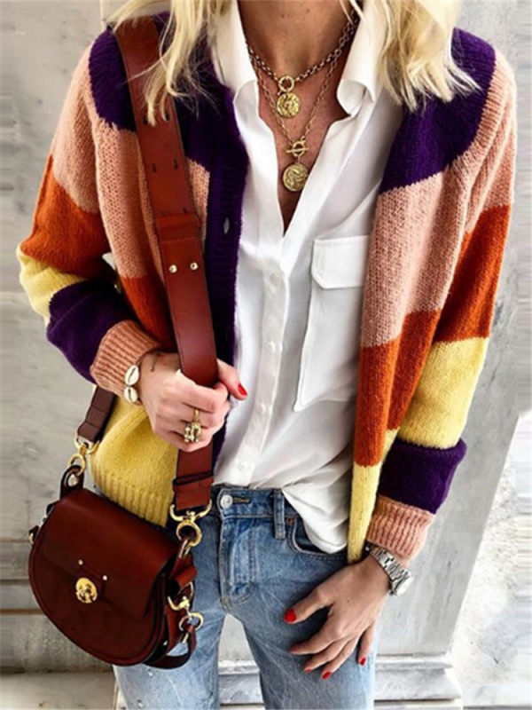 

Casual Color Block Stripst Button Knit Cardigan