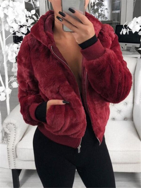 

Women's Hooded Solid Color Fleece Jacket