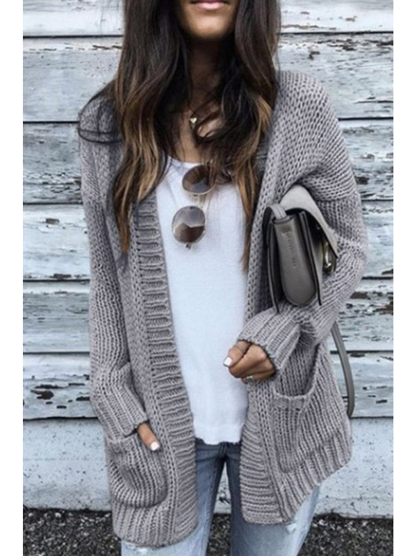 

Long Sleeve Plain Pocket Knitting Casual Cardigans
