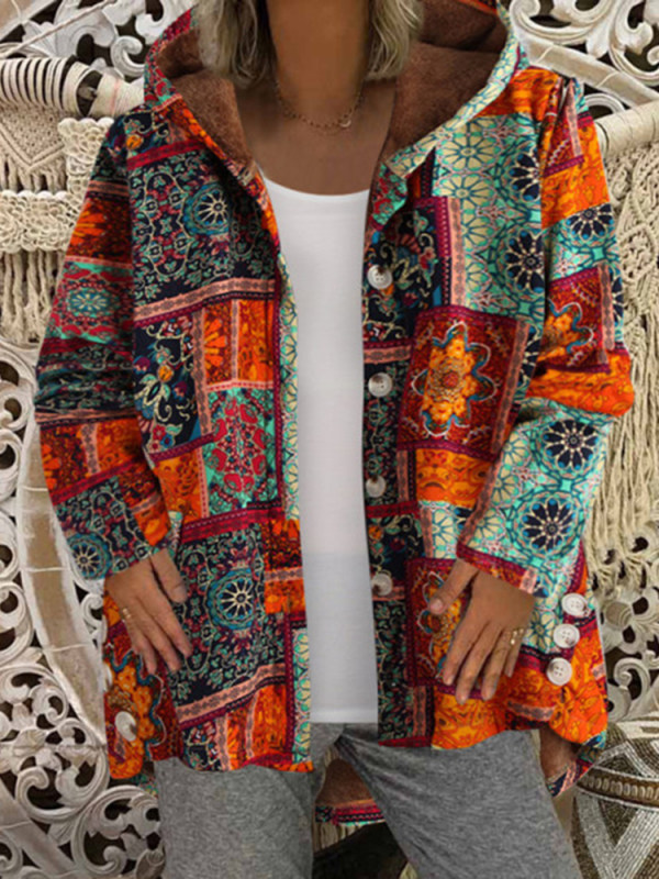 

Casual printed hooded plush jacket