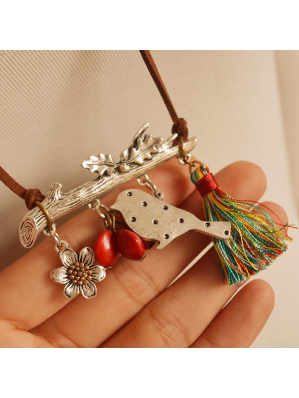 

Bird flower tassel red long necklace sweater chain