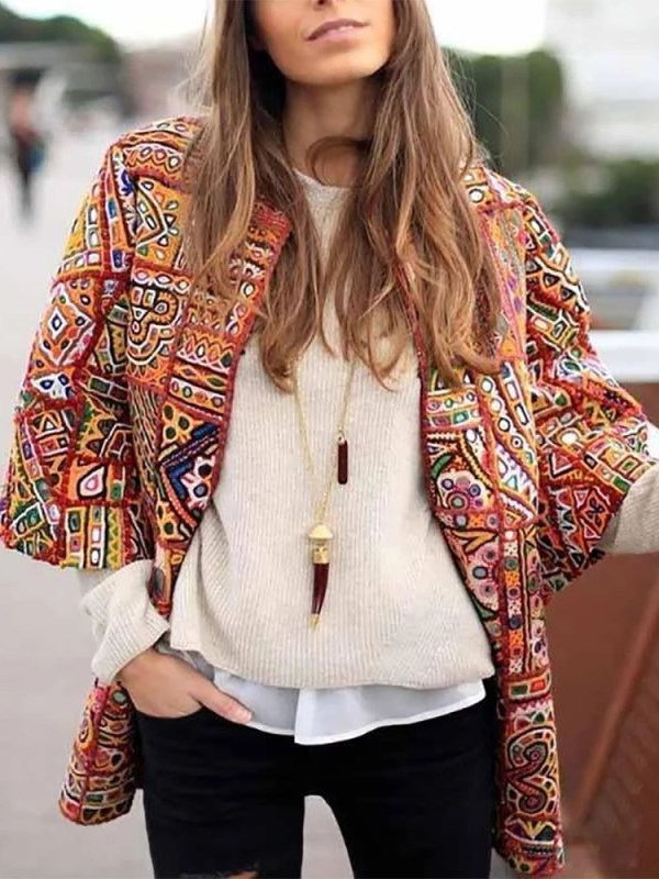 

Stylish Retro Print Long Sleeve Blazer