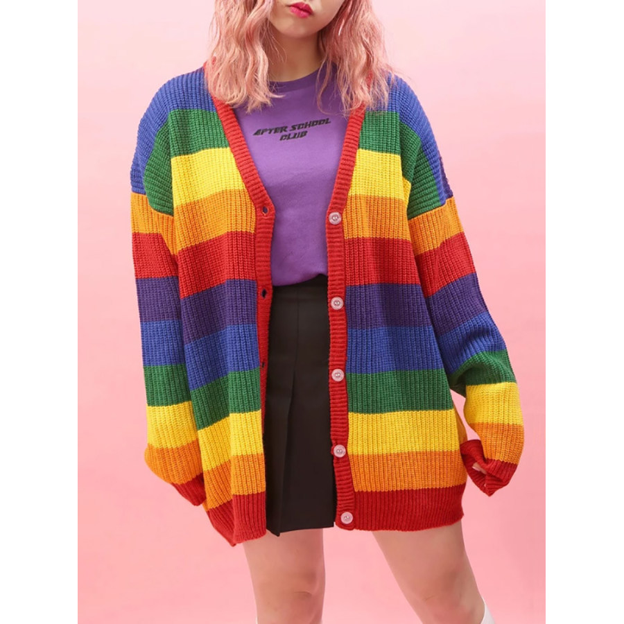 Fashion V necklined rainbow striped loose knit cardigan