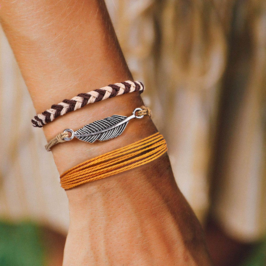 Alloy feather hand woven wax rope bracelet