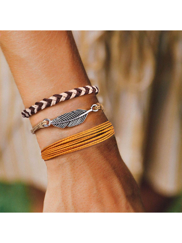 

Alloy feather hand-woven wax rope bracelet