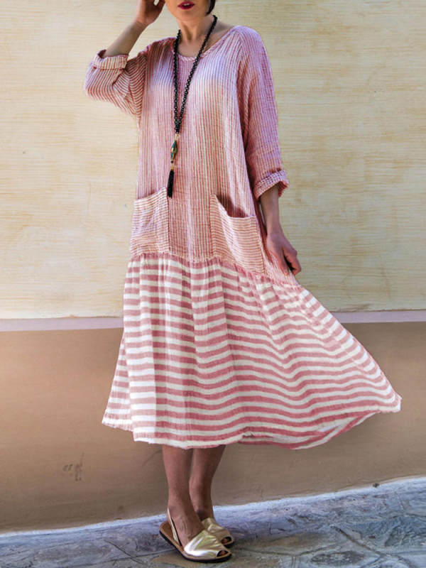 

Women Striped Boho Long Sleeve Vintage Maxi Dresses