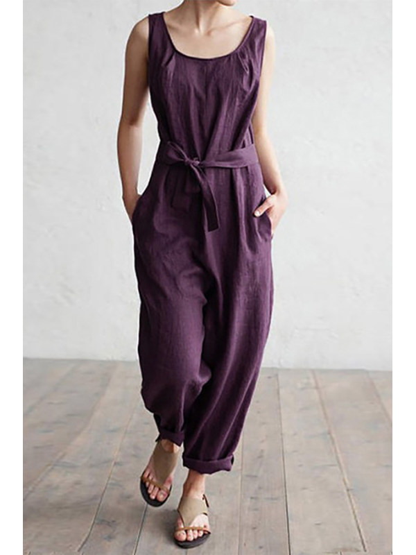 

U-Neck High Waist Belt Casual Jumpsuit