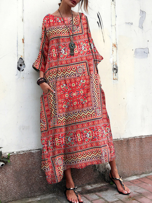 

Cotton And Linen Printed Ethnic Style Short Sleeve Loose Vacation Dress