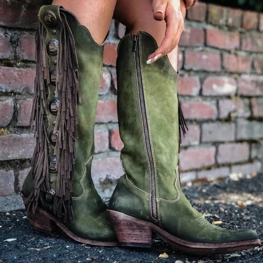 Retro ladies round toed tassel side zipper boots