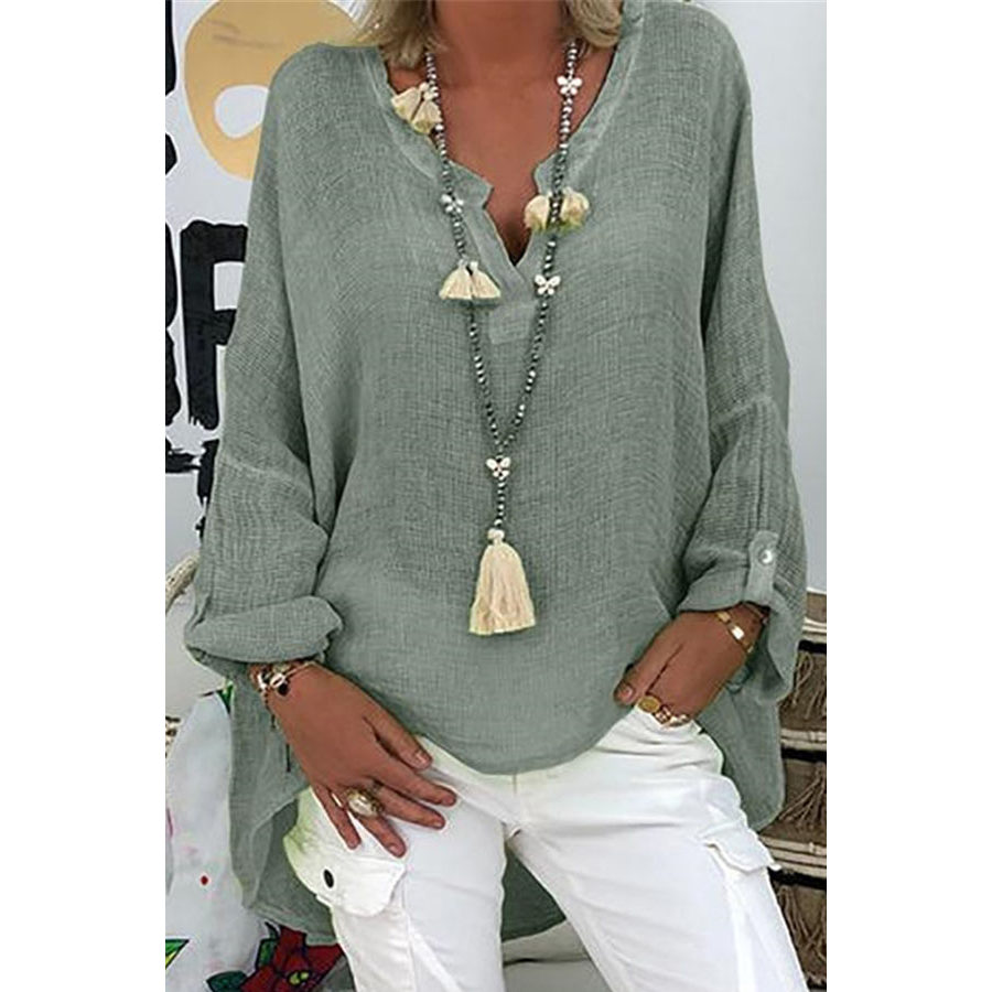 Casual Pure Colour V Neck Long Sleeve Loose Blouse