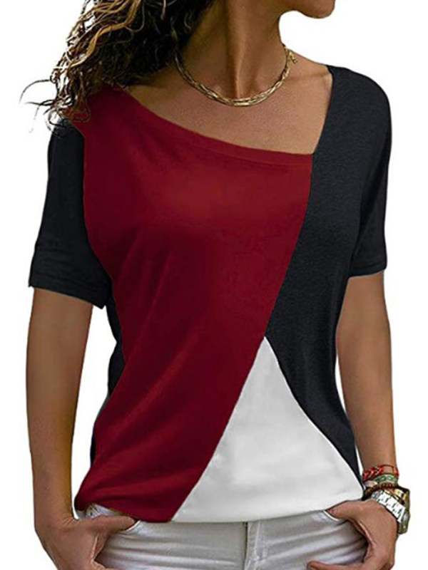 

Asymmetric Neck Patchwork Color Block Short Sleeve T-Shirts