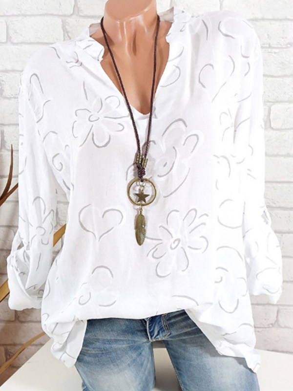 

V Neck Loose Fitting Print Blouses