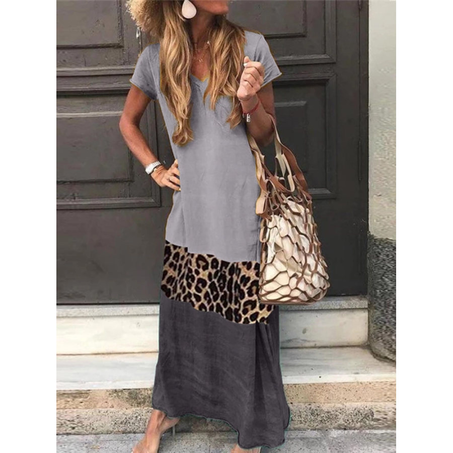 V Neck Short Sleeve Ankle Length Leopard Print Color Matching Dress
