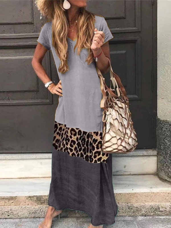 

V Neck Short Sleeve Ankle-Length Leopard Print Color Matching Dress