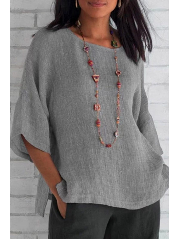 

Casual Round Neck Three Quarter Sleeve Plain Blouse