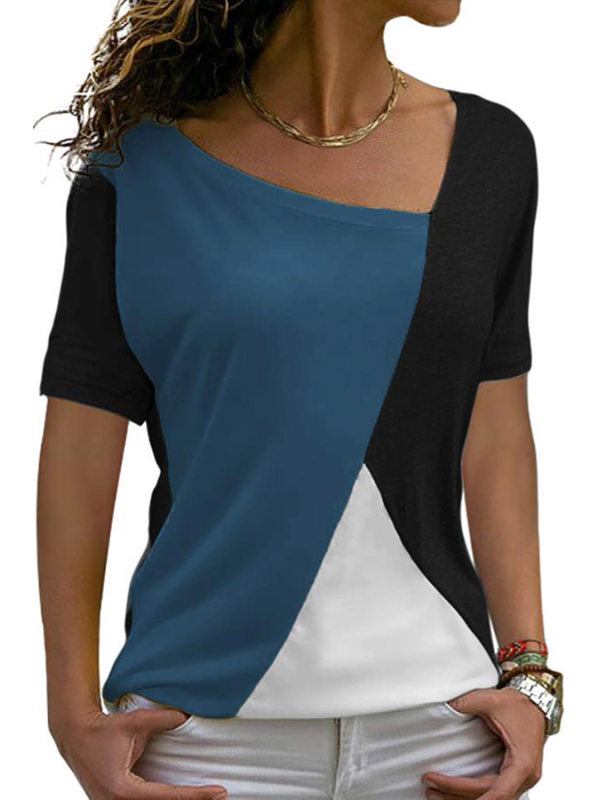 Asymmetric Neck Patchwork Color Block Short Sleeve T-Shirts - holapick.com