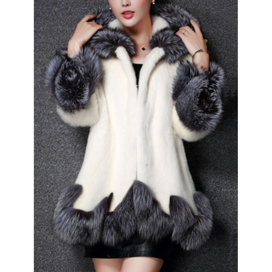 Hooded Color Block Faux Fur Coat