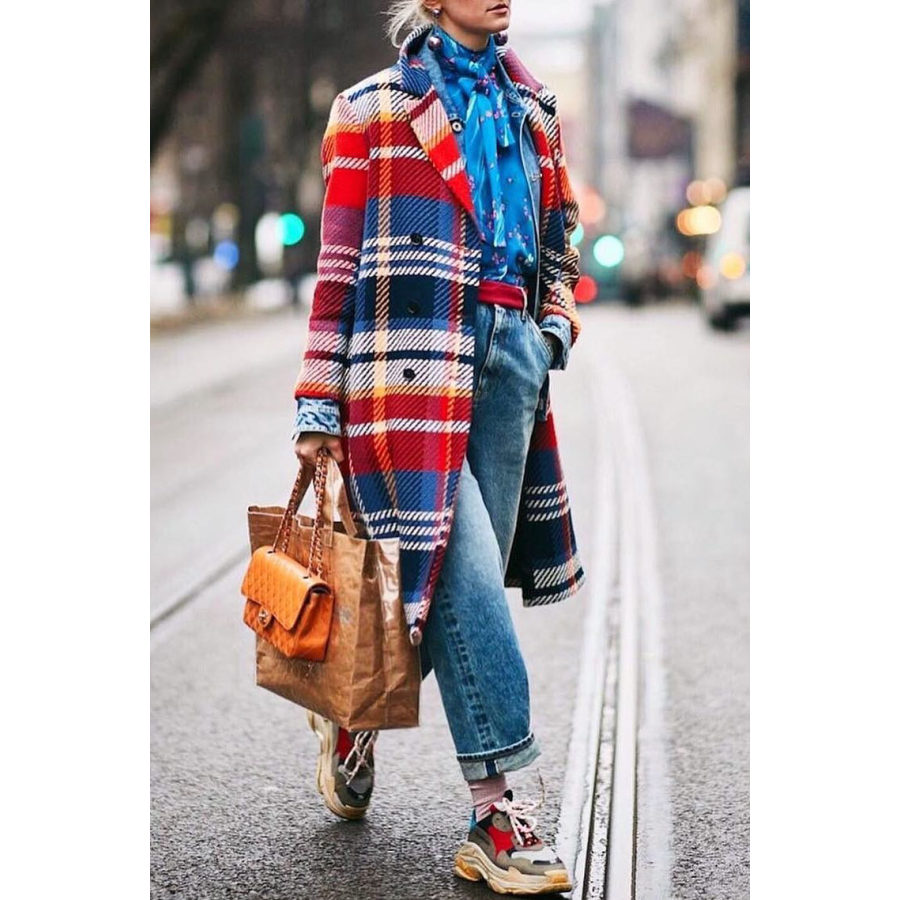 Fashion Lapel Collar Red Blue Check Printed Woolen Loose Long Coat