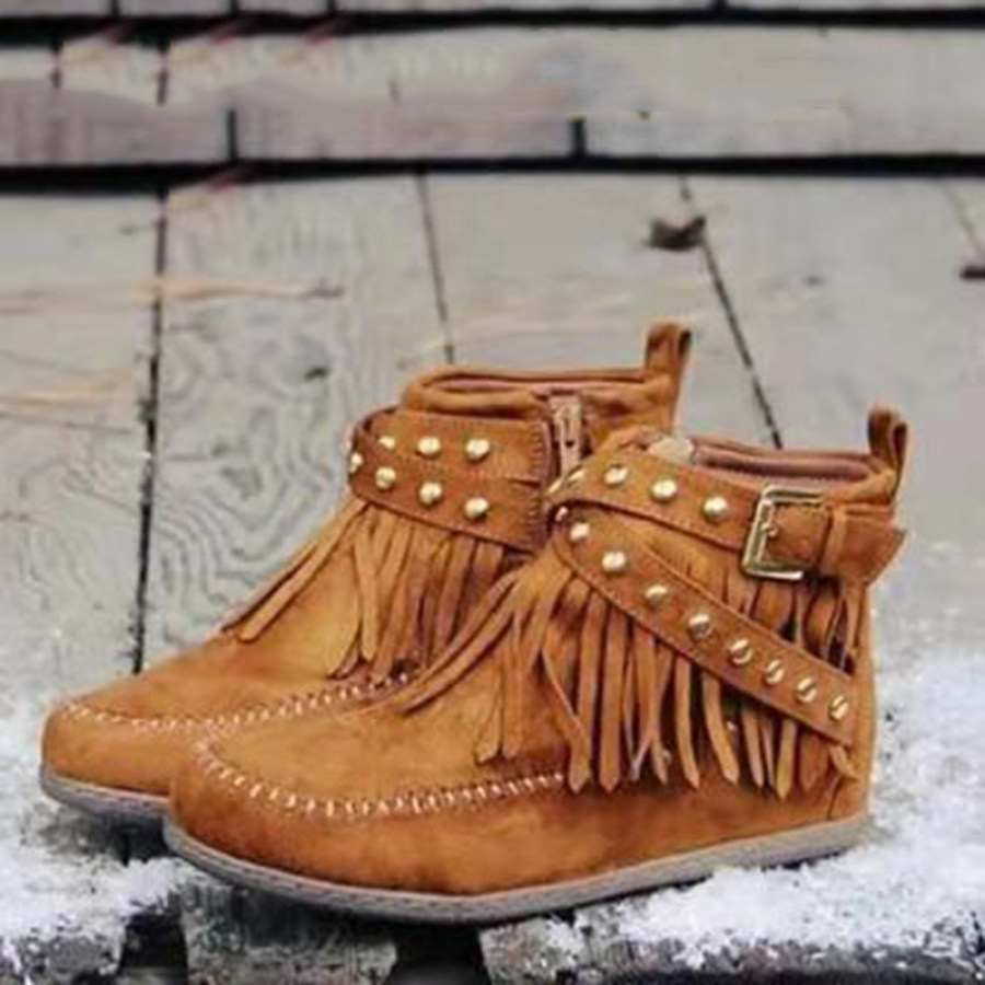 Womens casual solid color tassel rivet ankle boots