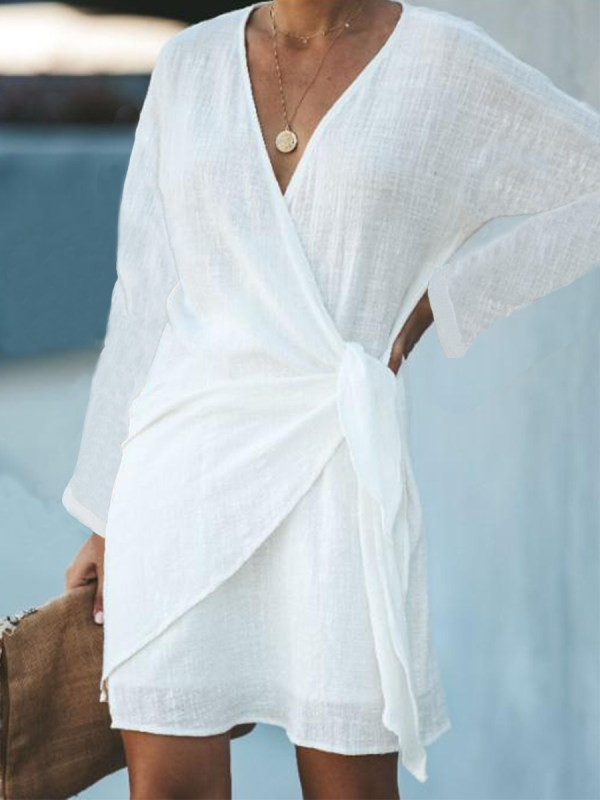 

V Neck Front Cross Long Sleeved Casual Dress