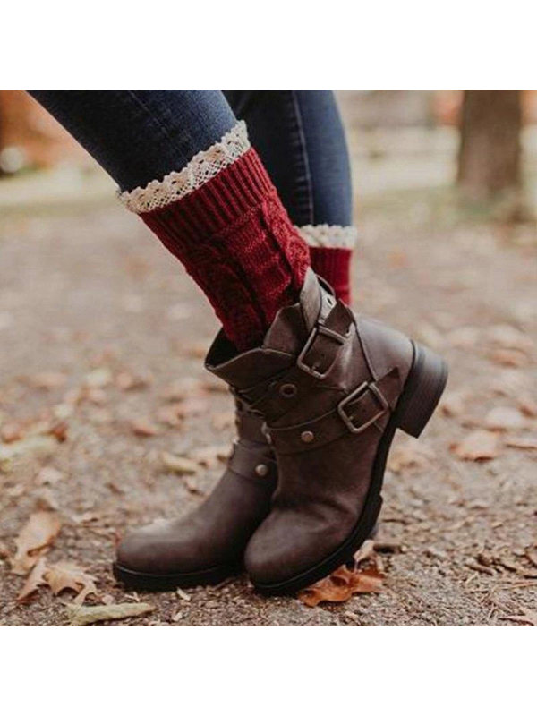 

Women's fashion stitching belt buckle low heel boots