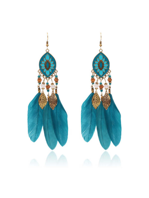 

Bohemian leaf fringed feather earrings