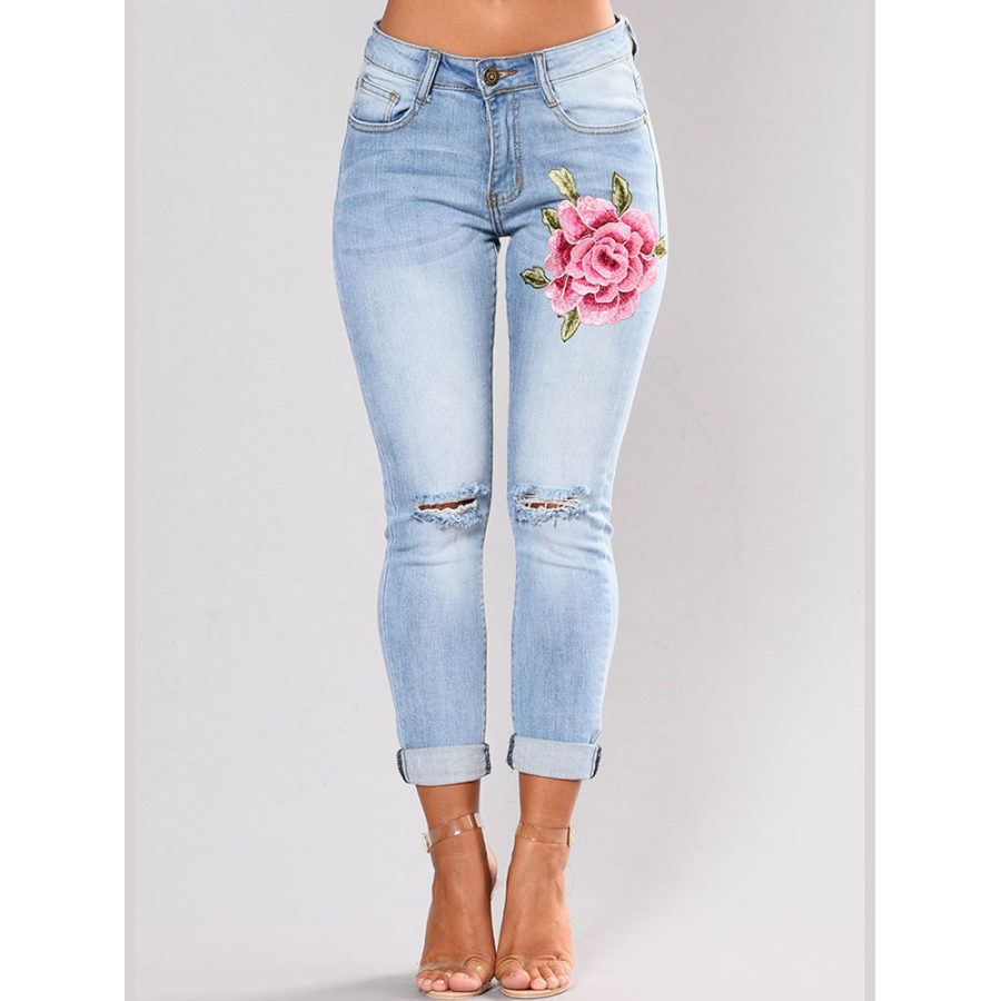 Fashion Embroidery Broken Hole High Stretch Jeans