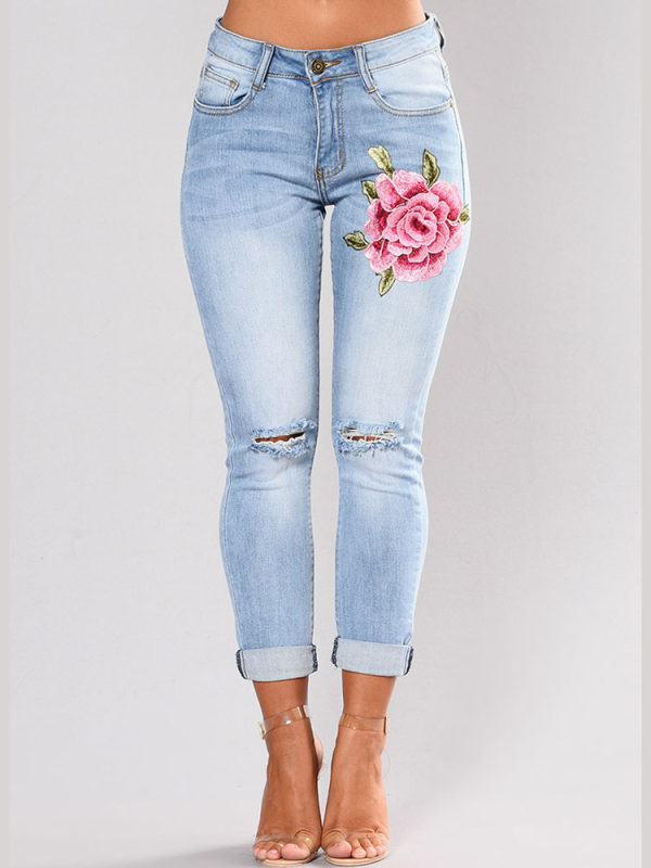 

Fashion Embroidery Broken Hole High Stretch Jeans