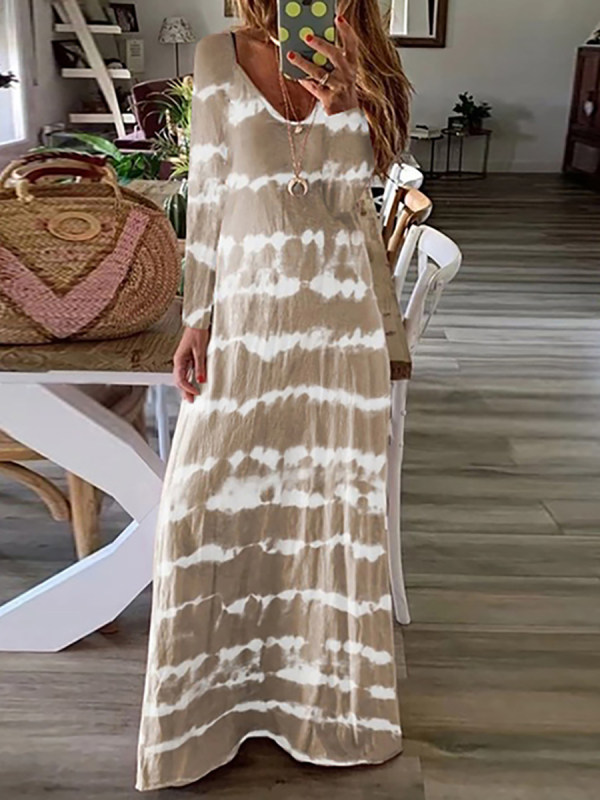 

Casual V-Neck Tie Dyeing Printed Loose Long-Sleeved Dress