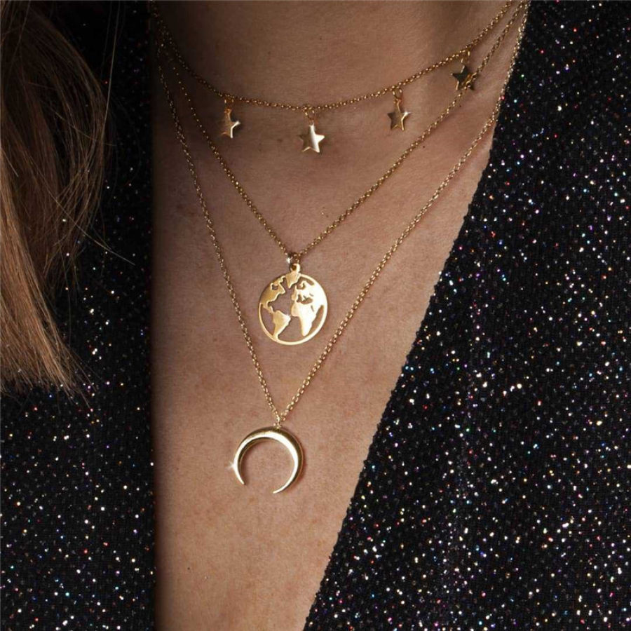 World Map Moon Crescent Alloy Pendant Multi Layer Combination Necklace