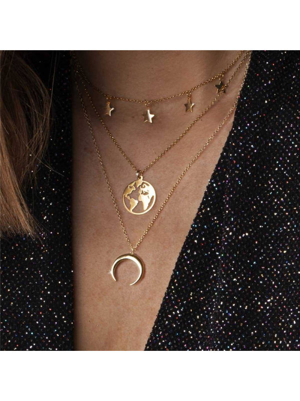 

World Map Moon Crescent Alloy Pendant Multi-Layer Combination Necklace