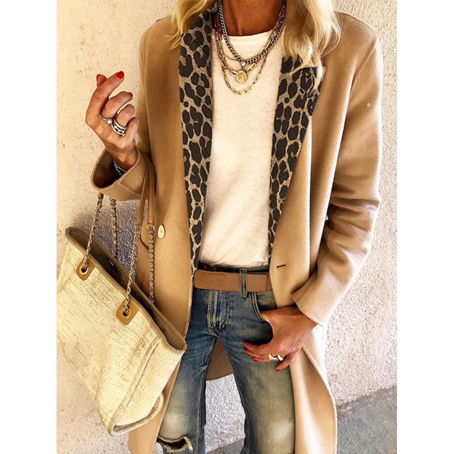 Womens fashion leopard stitching long sleeve coat