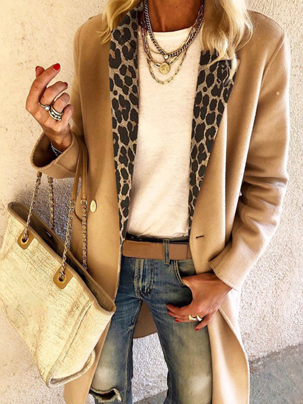 

Women's fashion leopard stitching long sleeve coat