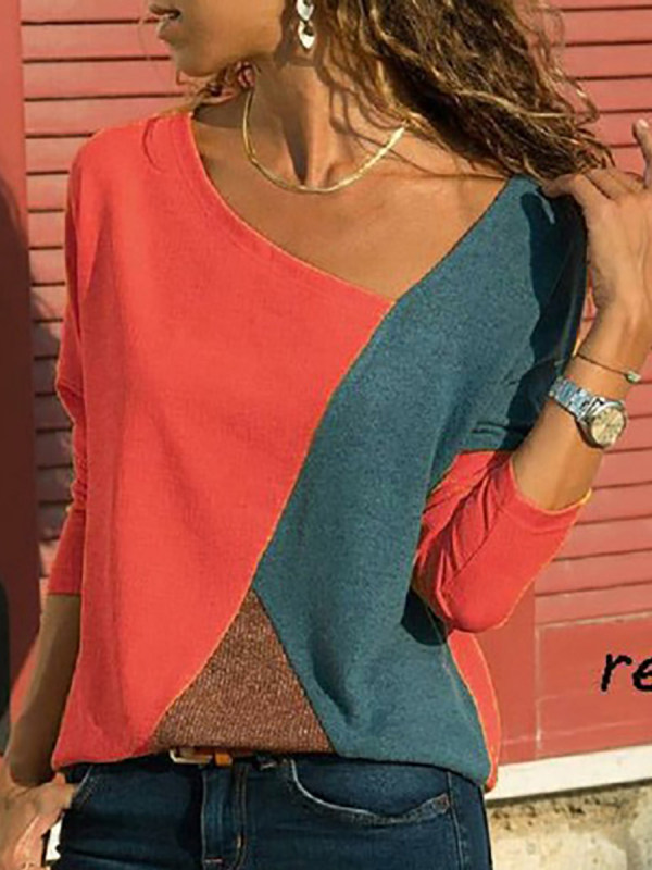 

Asymmetric Neck Patchwork Color Block Long Sleeve T-Shirts