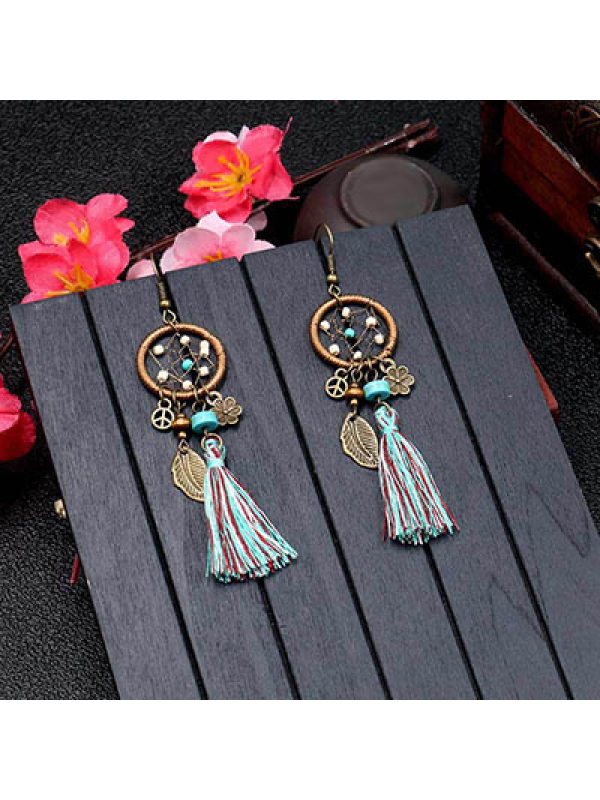 

Ethnic style blue beads leaves dream catcher tassel earring
