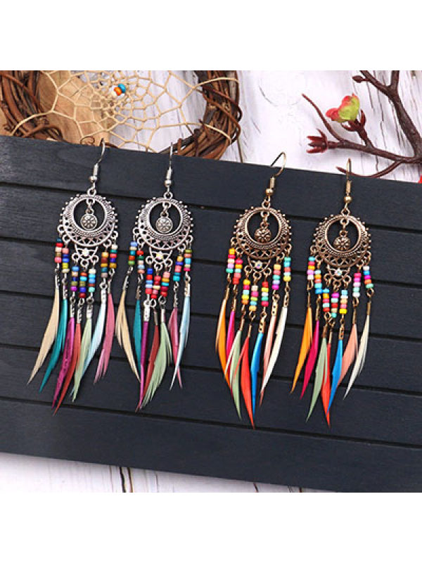 

Colorful Rice Bead Feather Tassel Earrings