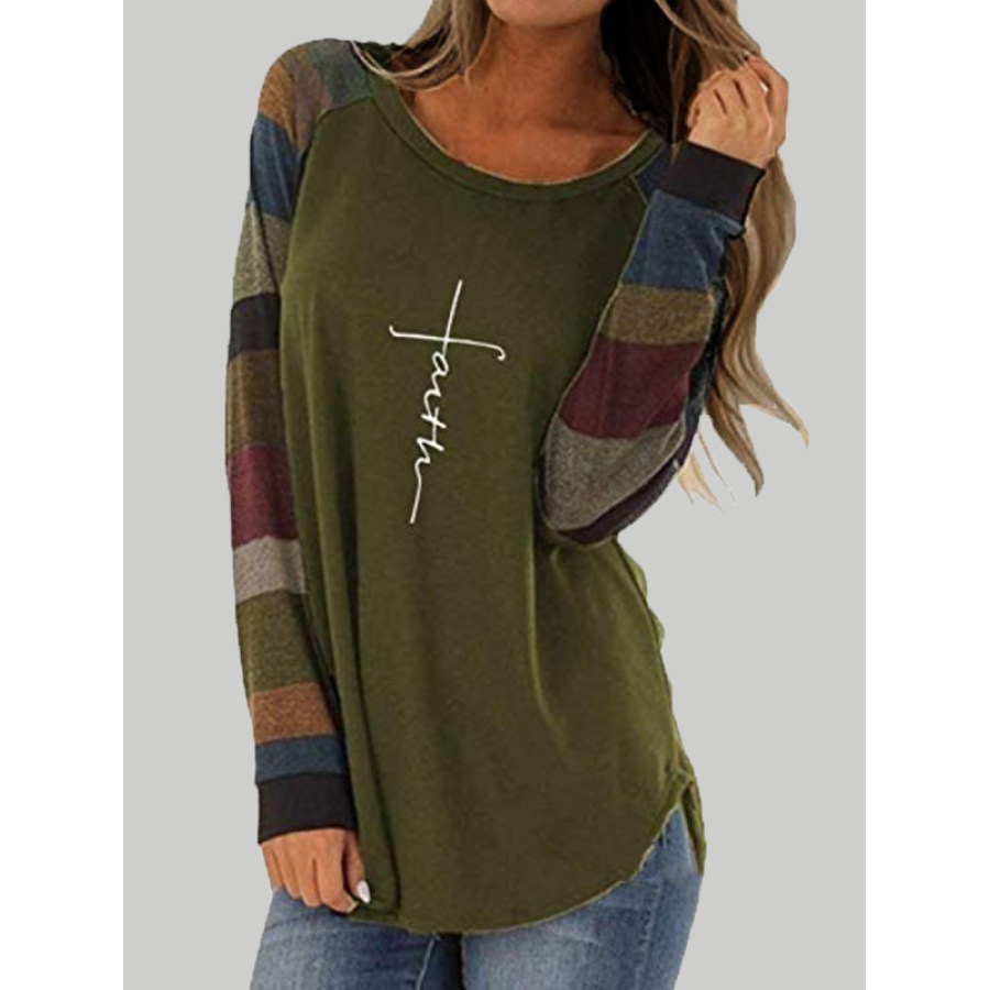 Round Neck Patchwork Casual Color Block Letters Long Sleeve T Shirts