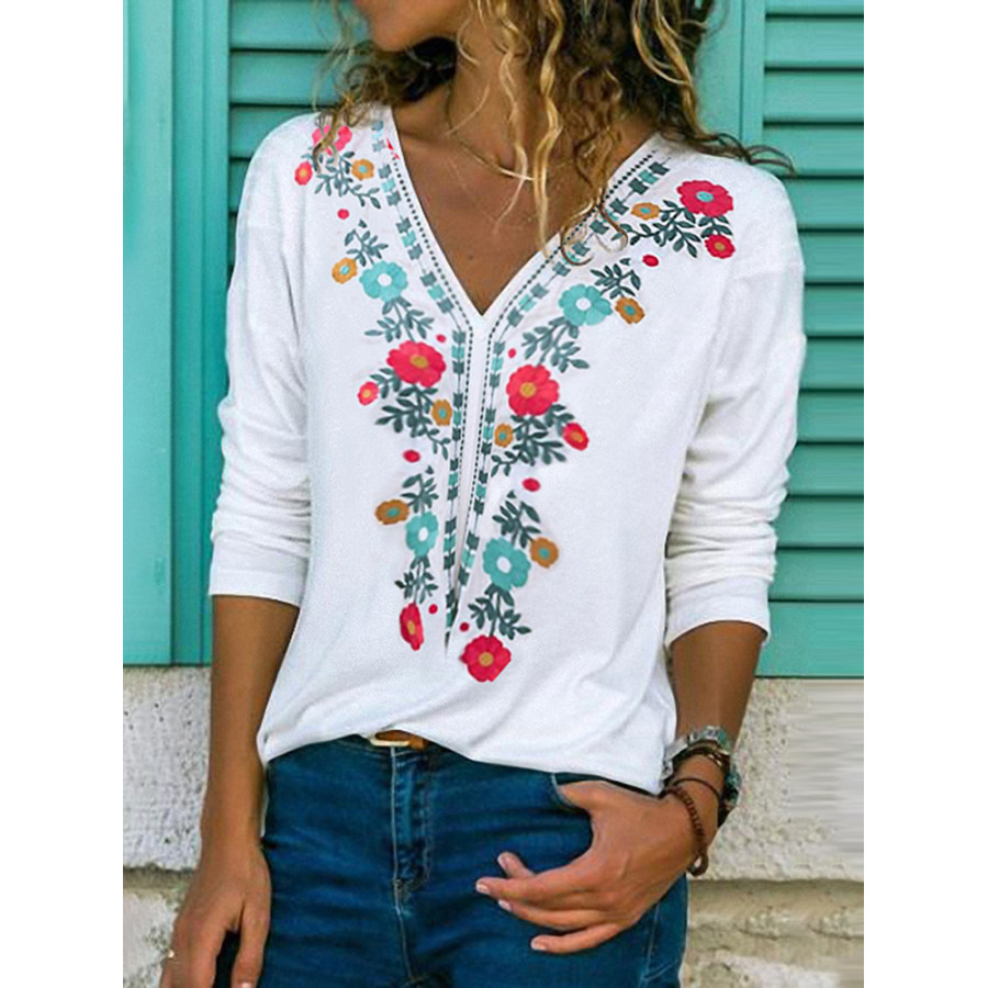 Casual V Neck Long Sleeve Embrodiery T Shirt