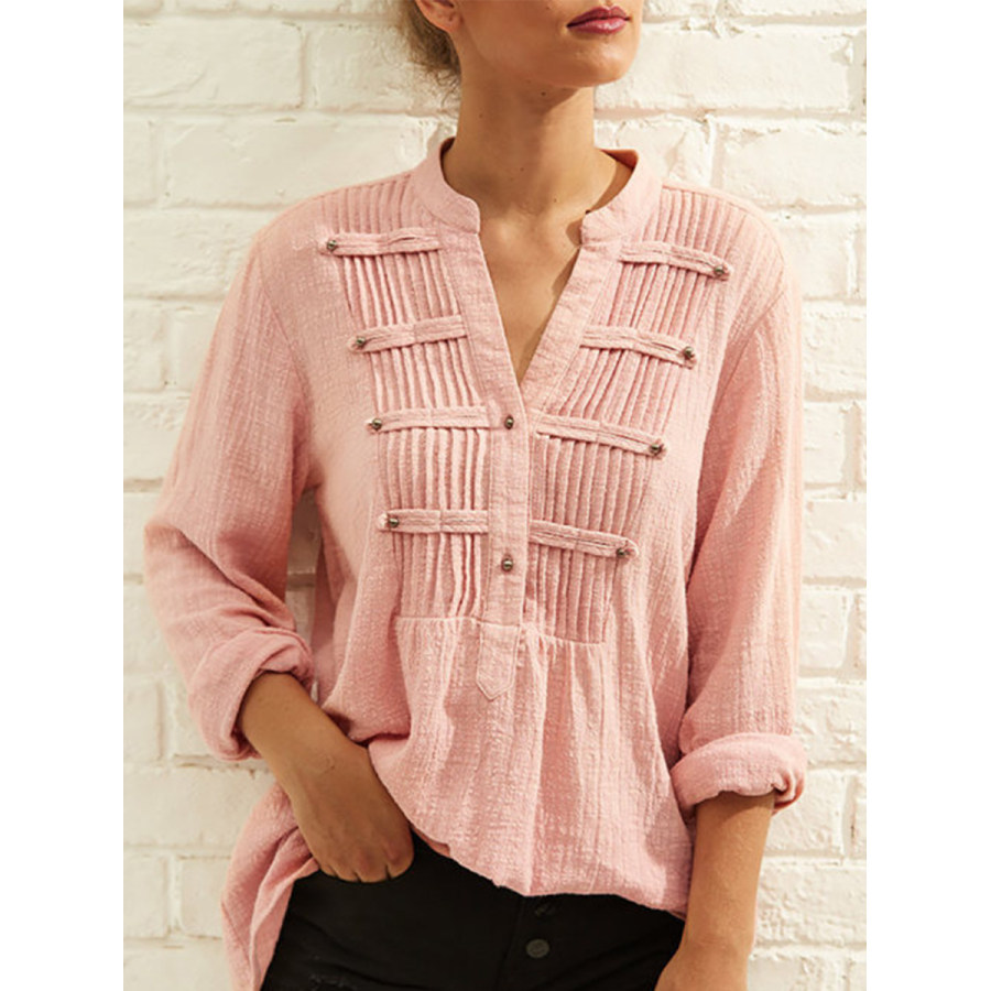 Womens Chic Pleated V Neck Solid Color Long Sleeve Shirt