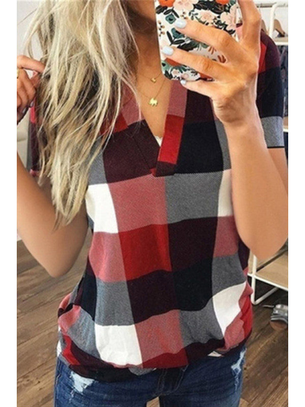 

Women's Casual Plaid Printed V-Neck Short Sleeve T-Shirt