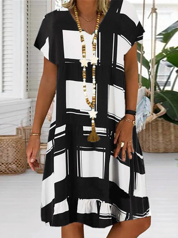 

Ladies casual printed short sleeve V-neck dress