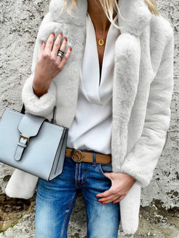 

Lapel Long Sleeve Plain Fur Coat