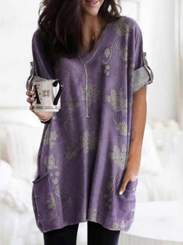 

Temperament Printed V-Neck Loose Long Sleeve T-Shirt