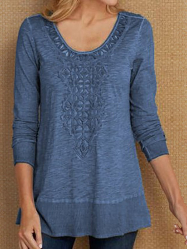 

Casual Round Neck Crochet Cutout Long Sleeve T-Shirt