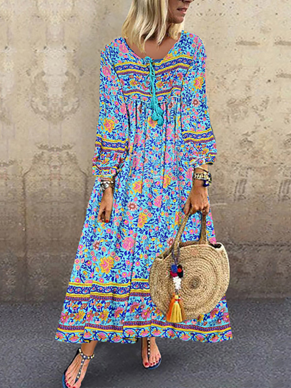 

Ethnic style women's v-collar lantern sleeve printed dress