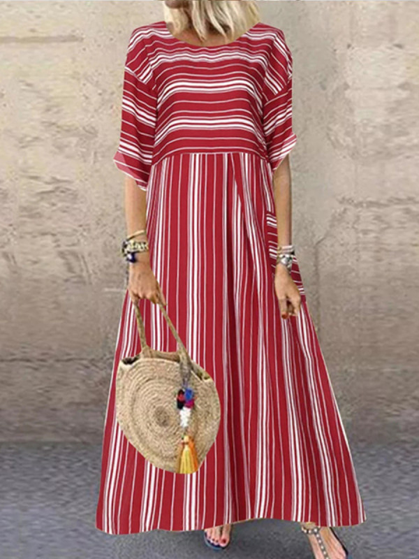 

Casual Loose Pocket Short Sleeve Striped Maxi Dress